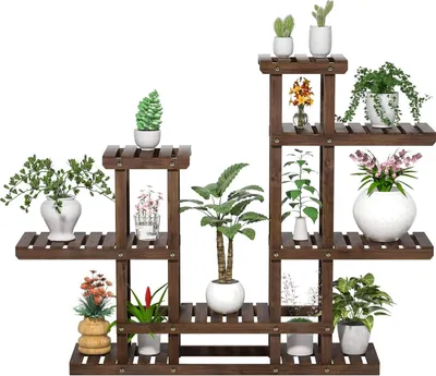 Produktbild von Pflanzenregal Holz, Blumenregal Outdoor, Blumentreppe 6 Ebenen, Pflanzentreppe mit mehreren Etagen, Holzregal 120,5 x 25 x 96,5 cm, Blumenständer für Garten, Wohnzimmer, Balkon, Innen