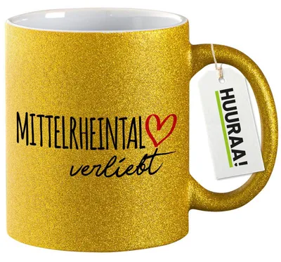 Produktbild von Huuraa Glitzertasse Mittelrheintal verliebt 330ml Gold Keramik Kaffeebecher Geschenkidee