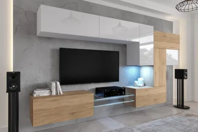 Produktbild von Furnitech Wohnwand Wohnzimmer - Wohnzimmer Möbel mit LED Weiß - Hängend Wohnwand Modern - Wohnzimmer Schrankwand mit Regale und TV Schrank (AN92NEW-21WS-HGM21)