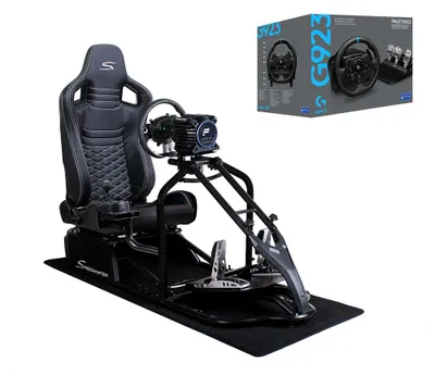 Produktbild von SIM Racing Cockpit Seat Pro Sim Rig SCHWARZ | Gaming Simulator Cockpit Rennsimulator Lenkradständer mit Logitech G923 Bundle Carbonfaser Optik Schwarz