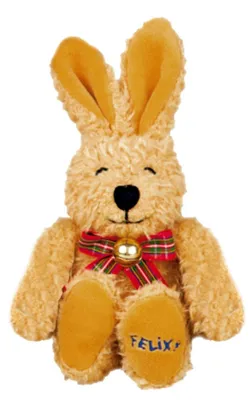 A plush toy rabbit sitting upright against a white background.