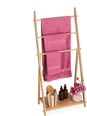 Produktbild von Relaxdays Handtuchleiter Bambus, 3 Stangen, 1 Ablage, HBT: 110 x 53 x 31,5 cm, klappbar, Standhandtuchhalter Bad, natur