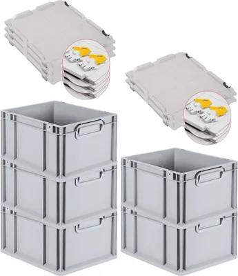 Produktbild von SuperSparSet 5x Eurobox NextGen Economy mit Scharnierdeckel und gelben Schiebeschnappverschlüssen | Griffe geschlossen | HxBxT 22x30x40cm | 20 Liter | Eurobehälter, Transportbox, Transportbehälter, Stapelbehälter