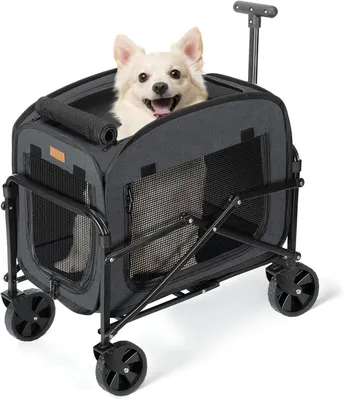 Immagine prodotto di Trasportino per cani con ruote, grande trasportino per cani e gatti, 18 kg, carrozzina per animali domestici con grandi ruote adatta a tutti i terreni, colore nero