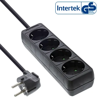 A black power strip with four outlets and a plug on a white background.