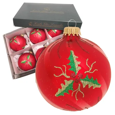 Produktbild von Krebs Glas Lauscha Glaskugel 6er Set - mit Stechpalme - mit roten Designs - 8cm - Christbaumschmuck zum Aufhängen - Dekoration aus Glas - 24234