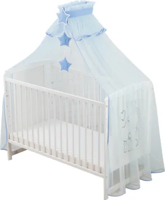 Produktbild von Babybett Betthimmel und Moskitonetz Traumnacht in fantastischen Farben Waschmaschinenfest inkl. Halterung und Accessoires 480x165cm Blau