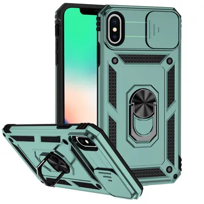Obrázek produktu pro Pouzdro pro iPhone XS Max dvouvrstvé pouzdro s posuvným krytem kamery a prstencovým stojánkem zelené