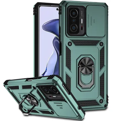 Immagine prodotto di Custodia per Xiaomi 11T / 11T Pro a doppio strato con copertura scorrevole della fotocamera e supporto ad anello verde