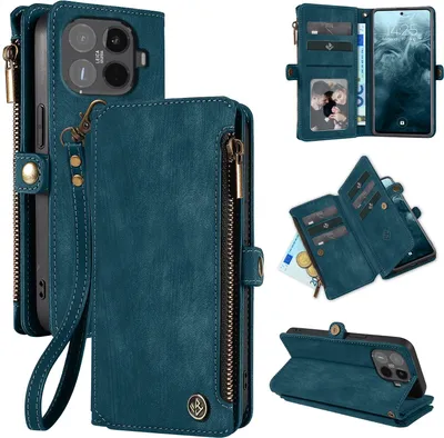 Collage of images showing a teal phone case with wallet and RFID protection features.
