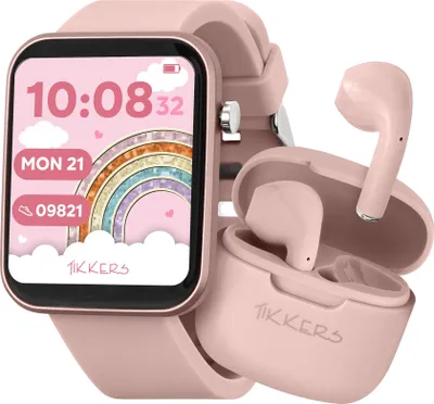 Image de Ensemble montre connectée et écouteurs Tikkers Smart Series 13 (bracelet en silicone noir/rose) Rose taille unique Tikkers