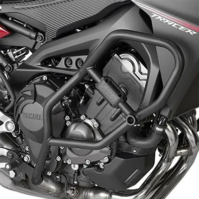 A close-up view of a motorcycle engine guard.