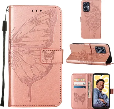 Produktbild von Lederhülle für Realme C55 Schmetterling Prägung Flip Ledertasche Kartenfächer Handyhülle mit Ständer Pink