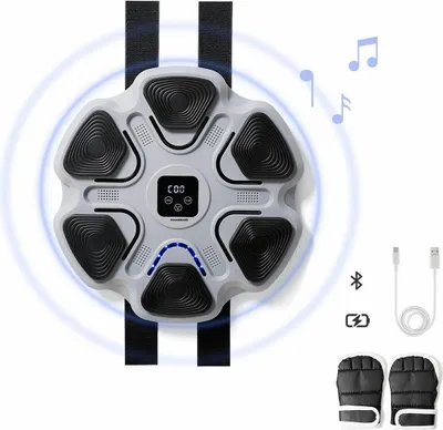 A close-up product shot of a hexagonal electronic device with straps, accompanied by accessories and icons.
