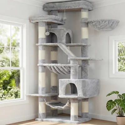 Productafbeelding van Krabpaal voor katten - kattenboom 180 cm - 2 slaapholtes en 2 hangmatten en 3 krabplanken - lichtgrijs