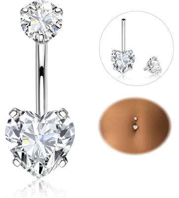 Productafbeelding van Navelpiercing, gemaakt van 316L chirurgisch staal, 14G, met een CZ-hart in zilver, verkrijgbaar in de lengte 8-16 mm