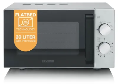 Produktbild von Severin Solo-Mikrowelle mit Glasboden, Flatbed (flacher Hohlraum für große Speisen), ohne Drehteller, gleichmäßige Erwärmung, 6 Stufen, 2 Drehregler, 20L, 800W, matt,schwarz,Edelstahl, MW 9184