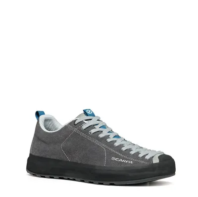Graue Lifestyle-Schuhe für Damen von Scarpa; Modell "Mojito Wrap"; mit blauen Schnürsenkeln und Gummisohle.