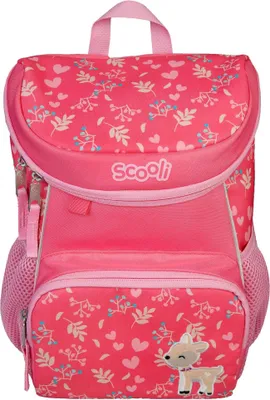 A pink kindergarten backpack with a floral and heart pattern, featuring a deer applique on the front pocket.