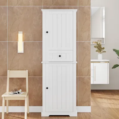 Immagine prodotto di Merax Mobile da bagno, mobile alto con 2 ante e 1 cassetto, mobile a buffet con ripiani regolabili, mobile da cucina moderno, 56x28x167,3 cm, bianco