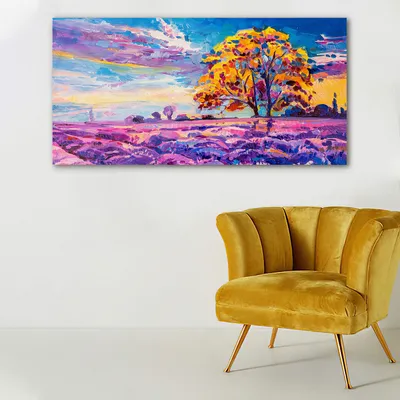 Produktbild von Coloray Glasbild 140x70  Wandbild Glasbilder Sonnenuntergang über Lavendelfeld