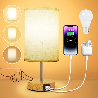 Produktbild von Nachttischlampe, Tischlampe mit USB A+C-Ladeanschlüssen, Touch Dimmbar, für Lesen, Wohnzimmer, Schlafzimmer, Kinderzimmer Büro