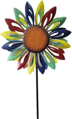 Produktbild von Metall-Windrad Doppelwindrad Petite Rainbow Flower – Gesamthöhe: 160cm, Windrad-Durchmesser: 40cm – Gartendekoration in Blumenform, wetterbeständig, inklusive 2-zackiger Bodenverankerung