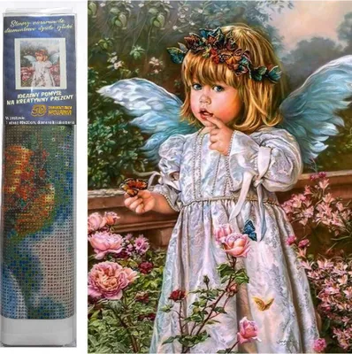 Image de Mosaique Diamantée : Ange Enfant Avec Fleurs Et Papillons, Broderie Créative, 30X40 Cm