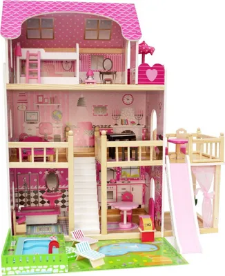 Produktbild von 4iQ Solid Puppenhaus aus Holz für Kinder Pink mit Schwimmbad 83x59,5x90 cm