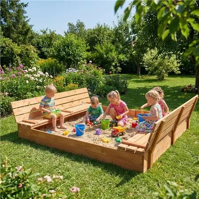 Produktbild von Baby Mix Holzsandkasten mit Abdeckung und Bänken 180x180 cm