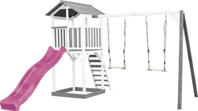 Produktbild von AXI Beach Tower Spielturm aus Holz in Weiß & Grau | Spielhaus für Kinder mit lila Rutsche, Doppelschaukel und Sandkasten | Stelzenhaus für den Garten