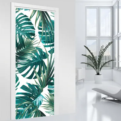 Image de Stickers pour porte - Lumaléa - Feuilles - Adhésif MAT - Largeur 63 x Hauteur 205 cm