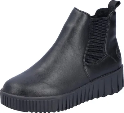 A black leather Chelsea boot with a platform sole is shown against a white background.