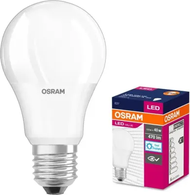 A white LED light bulb is shown next to its packaging.