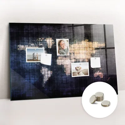 Obrázok produktu pre Magnetická tabuľa na stenu - Memo Tabuľa Sklenená - vrátane 5 magnetov - 90x60 cm - Abstraktná mapa sveta