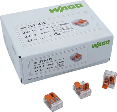 Produktbild von 100 Stück Wago 221-412 Verbindungsklemme 2 Leiter mit Betätigungshebel 0,2-4 qmm kleine Bauform, transparent