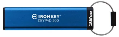 Produktbild von Kingston Technology IronKey 32GB Keypad 200, FIPS 140-3 Lvl 3 AES-256 Verschlüsselung, 32 GB, USB Typ-A, 3.2 Gen 1 (3.1 Gen 1), 145 MB/s, Schutzhülle, Blau