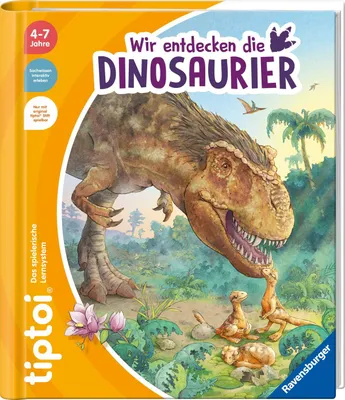 The cover of a children's book about dinosaurs, featuring an illustration of a Tyrannosaurus Rex and its young.