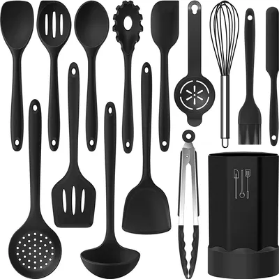 Produktbild von Strex Küchenutensilien-Set mit Halter 15-teilig - Hitzebeständig / BPA-frei / Silikon - Kuchenhelfter Set