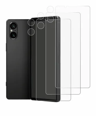 A black smartphone and several clear screen protectors are arranged on a white background.