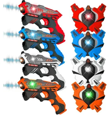 Immagine prodotto di Gioco Laser Tag - Set di pistole giocattolo - Pistole laser a infrarossi - Effetti sonori - Per interni ed esterni - Gioco di squadra - Dai 14 anni in su - Set da 4 pezzi