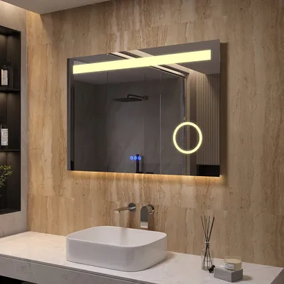 Produktbild von AQUALAVOS LED-Lichtspiegel Badezimmerspiegel mit Beleuchtung 100x70cm beschlagfrei mit Schminkspiegel,3 Lichtfarben