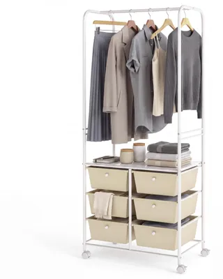 Zdjęcie produktu dla KOMFOTTEU Wieszak na ubrania z 6 szufladami i kółkami, 63 x 38 x 152 cm, biały, Obraz wygenerowany przez AI