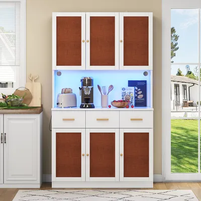 Produktbild von Fortuna Lai Küchen-Buffetschrank 182cm, Küchenhochschrank mit LED-Beleuchtung & Steckdose, Weißer Schrank mit Stofftüren & Massivholzgriffen, Stauraum für Mikrowelle, Kaffeemaschine & Geschirr