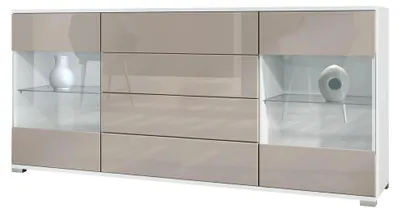 Produktbild von Sideboard Bari V2, Kommode mit 2 großen Türen und 4 Schubladen, Weiß matt/Sandgrau Hochglanz (166,5 x 75,5 x 35)