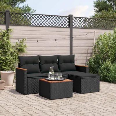Produktbild von Design 5-tlg. Garten-Sofagarnitur mit Kissen Schwarz Poly Rattan, Gartenmöbel-Sets 2024 Neu