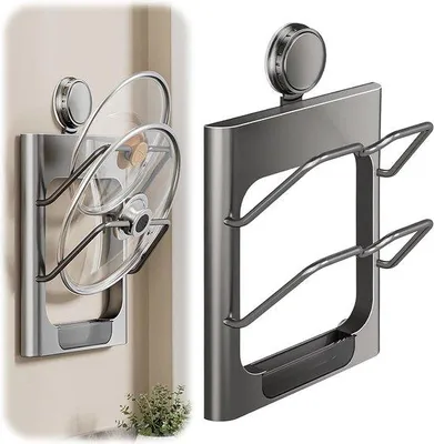 Immagine prodotto di Organizer da parete per coperchi - 24,5 x 21 x 9,5 cm - Non è necessario forare - Organizer da appendere con ventosa e vaschetta di raccolta - Organizer da cucina salvaspazio - Adatto per armadi, cucine e camper - Grigio