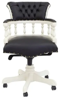 Produktbild von Casa Padrino Luxus Barock Chesterfield Echtleder Schreibtischstuhl Schwarz / Weiß H. 107 cm - Barock Büro Möbel