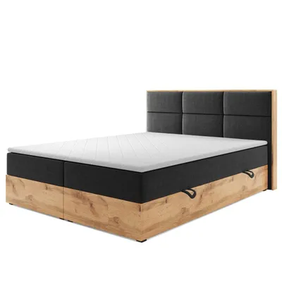 Produktbild von Boxspringbett STOCKHOLM Eiche Holz mit Bettkasten 180 x 200 cm Webstoff Schwarz Anthrazit Bett Bettkasten Ehebett Hotelbett Designerbett Luxus