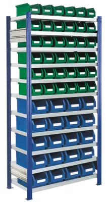 Produktbild von Robustes Profi Ordnungsregal - Sortimentsregal - Grundregal mit 56 Sichtlagerkästen 2.000 x 1.000 x 400 mm (HxBxT) - enzianblau (RAL 5010)
